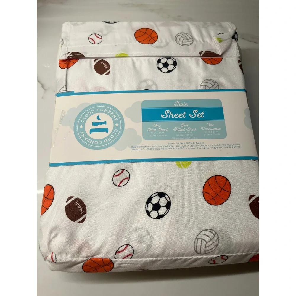 Cloud Company Sheet Set Kids Twin White Sports Basketball Football NEW